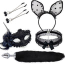 Fantasia KIT Rabo de Raposa com Tiara de Orelhas - Grampos Para os Seios em Metal e Gargantilha com Máscara
